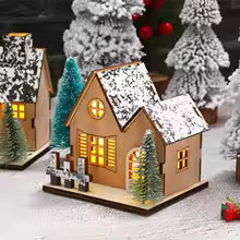 LED Wooden Christmas House Village Unfinished Xmas Snow House DIY Wood Chalet Tree Ornaments Christmas Table Centerpieces